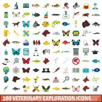 100 set di icone di esplorazione veterinaria, stile piatto vettore
