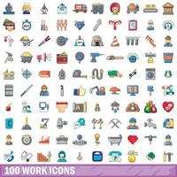 100 icone di lavoro impostate, stile cartone animato vettore