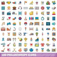 100 set di icone di filantropia, stile cartone animato vettore