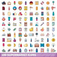 100 set di icone di supermercato, stile cartone animato vettore