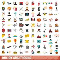 Set di 100 icone artigianali di gioia, stile piatto vettore