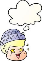 cartone animato ragazzo che indossa cappello e bolla di pensiero in stile sfumato liscio vettore