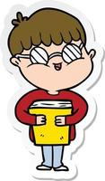 adesivo di un ragazzo cartone animato che indossa occhiali che trasportano un libro vettore