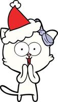 disegno a tratteggio di un gatto che indossa il cappello di Babbo Natale vettore