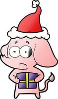 cartone animato sfumato di un elefante incerto con regalo di Natale che indossa il cappello di Babbo Natale vettore