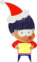 cartone animato retrò nervoso di un ragazzo che indossa il cappello di Babbo Natale vettore