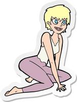 adesivo di una donna felice cartone animato seduta sul pavimento vettore