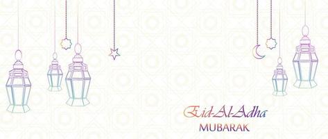 eid al adha festa tradizionale musulmana. bellissimo biglietto di auguri con lanterne appese, luna e stelle su sfondo astratto. vettore