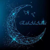 eid al adha tradizionale festa musulmana. bellissimo biglietto di auguri con luna poligonale con glitter su sfondo blu. vettore