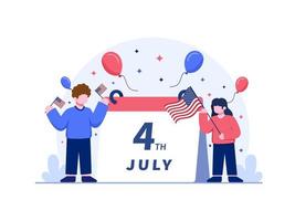 persone felici insieme che celebrano il giorno dell'indipendenza degli Stati Uniti con persone che tengono la bandiera nazionale americana. può essere utilizzato per biglietti di auguri, cartoline, banner, poster, stampa, web, social media, ecc. vettore