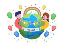 illustrazione vettoriale bambini felici del gruppo che celebrano la giornata mondiale dei bambini. buona giornata internazionale dei bambini. può essere utilizzato per biglietti di auguri, cartoline, poster, banner, web, animazioni, ecc