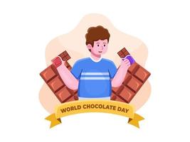 illustrazione vettoriale di un uomo celebrare la giornata mondiale del cioccolato. adatto per biglietti di auguri, feed, social media, web, stampa, ecc