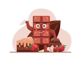 cioccolato del mondo con l'illustrazione sveglia del fumetto della barra di cioccolato, giorno felice del cioccolato. adatto per cartoline, banner, poster, biglietti di auguri, web, social media, volantini, ecc vettore