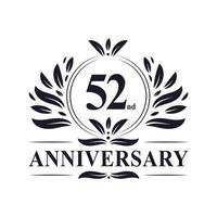 Celebrazione del 52° anniversario, lussuoso logo dell'anniversario di 52 anni. vettore