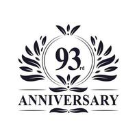 Celebrazione del 93° anniversario, lussuoso logo dell'anniversario di 93 anni. vettore