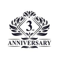 Logo dell'anniversario di 3 anni, logo floreale di lusso del 3° anniversario. vettore