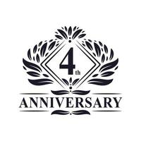 Logo dell'anniversario di 4 anni, logo floreale di lusso del 4° anniversario. vettore