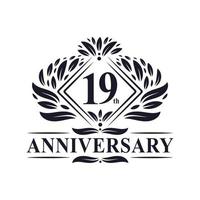 Logo dell'anniversario di 19 anni, logo floreale di lusso del 19° anniversario. vettore