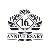 Logo dell'anniversario di 16 anni, logo floreale di lusso del 16° anniversario. vettore