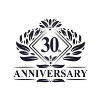 Logo dell'anniversario di 30 anni, logo floreale di lusso per il 30° anniversario. vettore