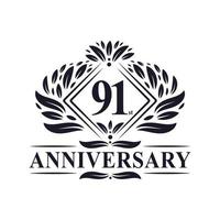 Logo dell'anniversario di 91 anni, logo floreale di lusso per il 91° anniversario. vettore