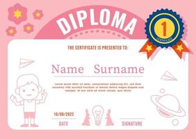 certificato diploma per bambini, layout del modello di scuola materna colore rosa vettore. vettore