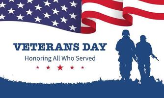 poster del giorno del veterano. onorare tutti coloro che hanno servito. illustrazione del giorno del veterano con bandiera americana e soldati vettore