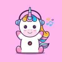 unicorno carino che ascolta la musica con l'auricolare sull'orecchio, vettore eps 10