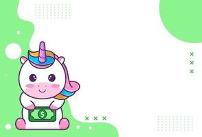 sfondo carino di simpatici personaggi di unicorno, unicorno con banconota da un dollaro, perfetto per i social media e i post aziendali. vettore eps 10