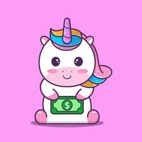 carino unicorno che tiene banconota da un dollaro, vettore eps 10