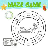 gioco di puzzle labirinto di natale in bianco e nero per bambini. contorno cerchio labirinto o gioco di labirinti con slitta di Natale. vettore