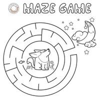 gioco di puzzle labirinto per bambini. contorno cerchio labirinto o gioco del labirinto con il lupo. vettore