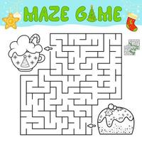 gioco di puzzle labirinto di natale per bambini. contorno gioco labirinto o labirinto con torta di Natale. vettore
