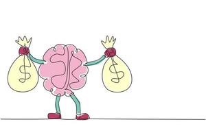 cervello di disegno a linea continua singola che tiene la borsa dei soldi con due mani. illustrazione del personaggio della mascotte del cervello carino che tiene la borsa piena di soldi. illustrazione vettoriale di disegno grafico dinamico di una linea