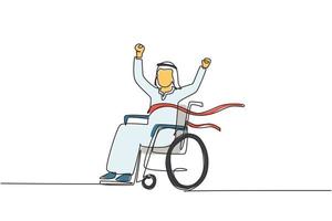continuo di una linea di disegno arabo maschio giovane sedia a rotelle che attraversa il traguardo rosso. felice vincitore, campione di successo. società, comunità dei disabili. illustrazione vettoriale di disegno a linea singola