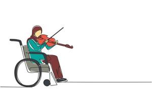 Disabilità e musica di disegno continuo di una linea. donna araba in sedia a rotelle suona il violino. disabile fisico. persona in ospedale. paziente del centro di riabilitazione. grafica vettoriale di disegno a linea singola