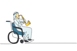 singolo disegno a tratteggio uomo arabo seduto in sedia a rotelle suona il sassofono. disabilità, musica classica. disabile fisico. centro di riabilitazione. illustrazione vettoriale grafica di disegno a linea continua