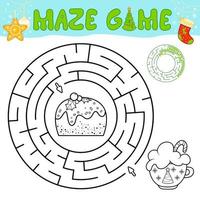 gioco di puzzle labirinto di natale in bianco e nero per bambini. contorno cerchio labirinto o gioco del labirinto con torta di Natale. vettore
