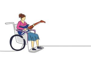 disegno continuo di una linea giovane bella donna seduta su sedia a rotelle che suona la chitarra elettrica, canta una canzone. disabile fisico. persona nel reparto di stanza d'ospedale. illustrazione vettoriale di disegno a linea singola
