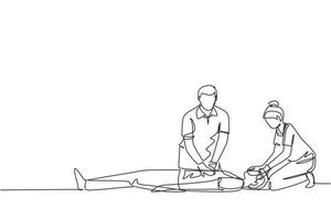medici di emergenza con disegno a linea continua singola che eseguono la rianimazione cardiopolmonare di un uomo. paramedico che fornisce il primo soccorso al paziente con massaggio cardiaco indiretto. illustrazione vettoriale di un disegno di linea