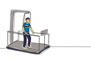 composizione isometrica di riabilitazione fisioterapica con disegno a linea singola con uomo che cammina sulla macchina da corsa medica. concetto di assistenza sanitaria. illustrazione vettoriale grafica di disegno a linea continua