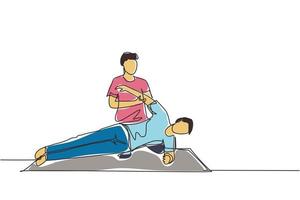 disegno a linea continua singola uomo paziente sdraiato sul pavimento massaggiatore terapista che fa trattamento curativo massaggio del corpo del paziente terapia fisica sportiva manuale. illustrazione vettoriale di un disegno di linea