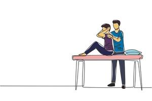 singolo disegno di una linea uomo seduto sul lettino da massaggio massaggiatore che fa un trattamento curativo massaggiando la riabilitazione manuale della terapia fisica del paziente ferito. illustrazione vettoriale di disegno a linea continua
