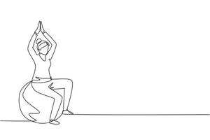 composizione isometrica di riabilitazione fisioterapica con disegno a linea continua singola con paziente di sesso femminile seduta sopra una palla di gomma con entrambe le mani sollevate. vettore di disegno grafico a una linea