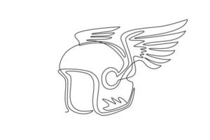 casco da motociclista con disegno a linea continua singola con ali. simbolo della squadra di corse automobilistiche, emblema della squadra sportiva di rally e segno del torneo di motociclisti chopper personalizzati. illustrazione vettoriale di un disegno grafico a una linea