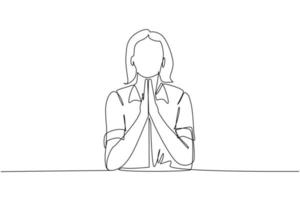 una linea continua che disegna una giovane donna con gli occhi chiusi che prega insieme le mani. persona alla moda che tiene i palmi delle mani in preghiera. emozione umana, linguaggio del corpo. illustrazione grafica vettoriale di disegno a linea singola