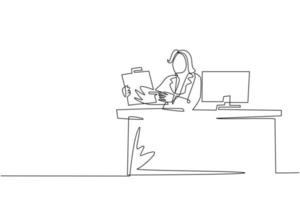 un disegno continuo di una linea sorridente impiegato bancario che mostra credito bancario, contratto di prestito o contratto di mutuo seduto alla scrivania con il computer. prestatore di affari. grafica vettoriale di disegno a linea singola
