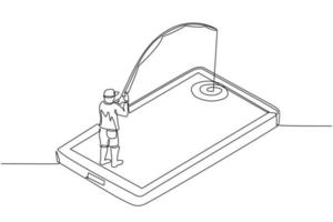 singola linea di disegno giovane maschio che pesca sullo schermo dello smartphone. uomo in piedi sul telefono cellulare e la pesca con la canna. app per dispositivi mobili del pescatore. illustrazione vettoriale grafica moderna con disegno a linea continua