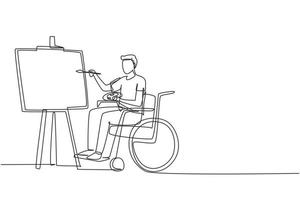 disegno a linea continua singola uomo disabile in sedia a rotelle che dipinge paesaggio su tela. concetto di fisioterapia riabilitativa. disabilità fisica e società. illustrazione vettoriale di un disegno di linea