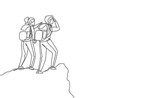coppia di disegno a linea continua singola sulla montagna. donna felice, uomo scalatori. gli escursionisti femminili in piedi su roccia guardano il paesaggio di montagna. trekking all'aperto. illustrazione vettoriale di un disegno grafico a una linea